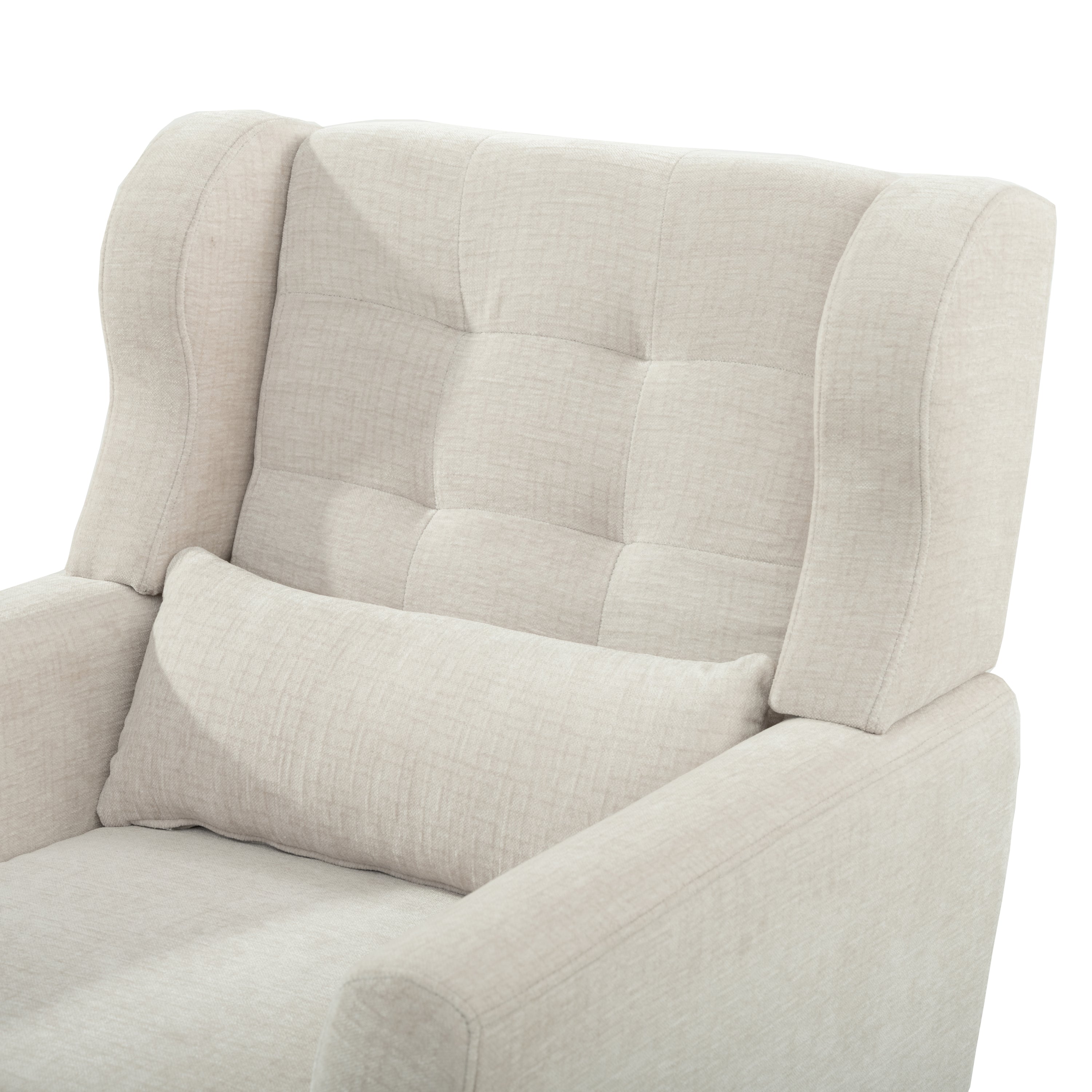 Beige chenille accent chair — angled room setting