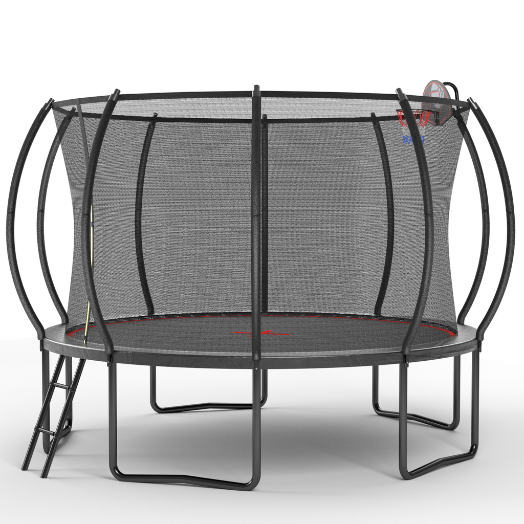 Outdoor trampoline pumpkin-style frame and safety enclosure detail