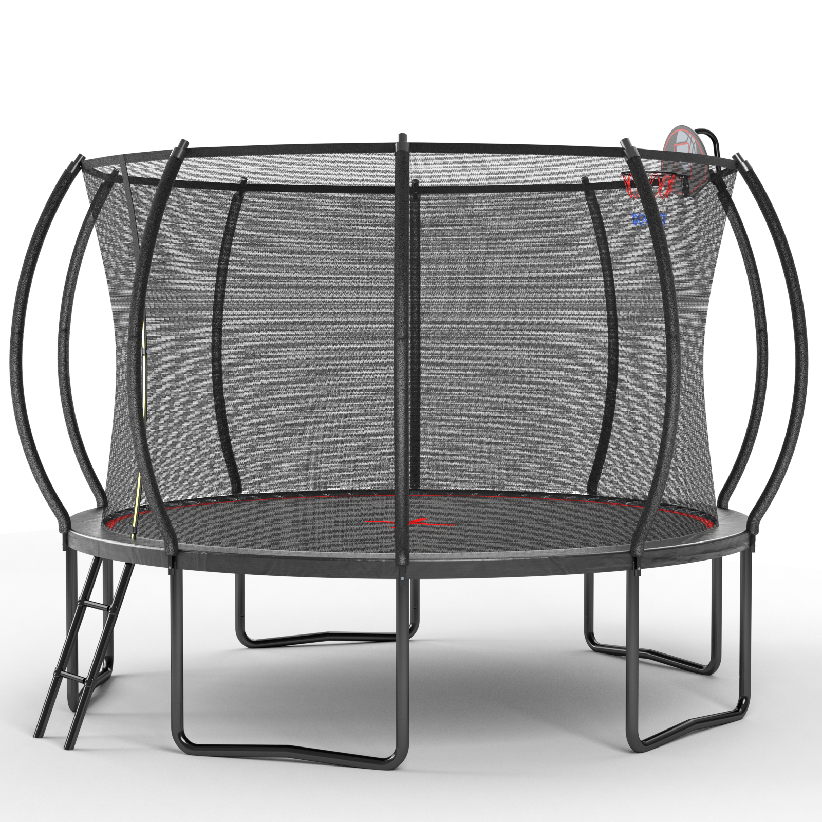 Outdoor trampoline pumpkin-style frame and safety enclosure detail