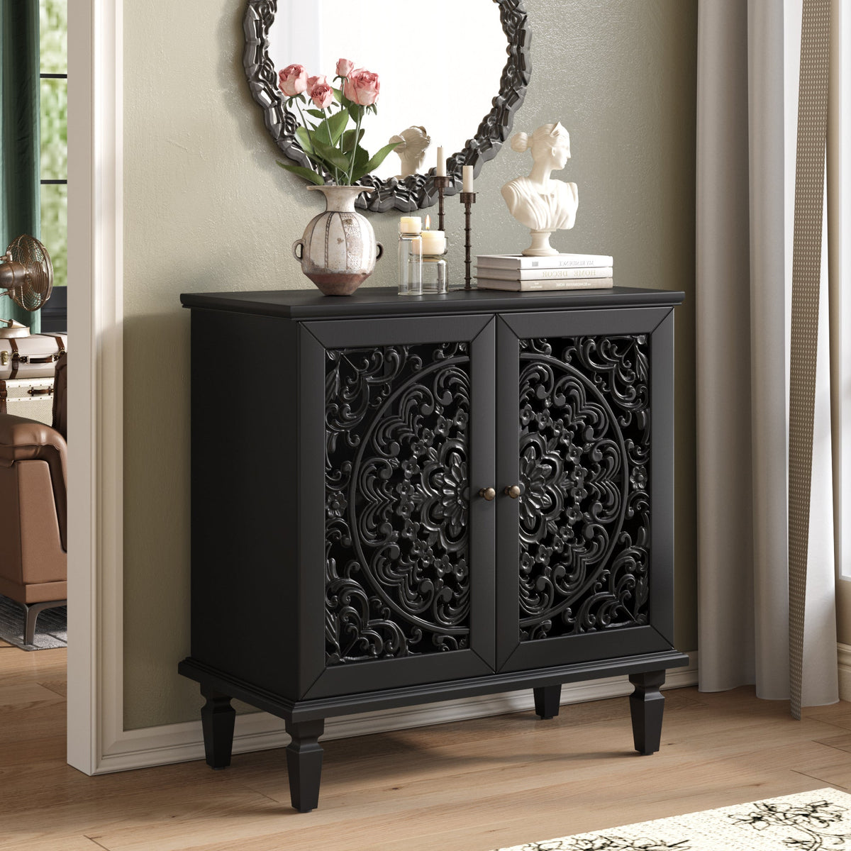 Vintage Hollow-Carved Accent Cabinet, 2-Door Display Storage Sideboard with Symmetrical Floral Design, Adjustable Shelf and Solid Wood Legs for Living Room Entryway(Antique Green)