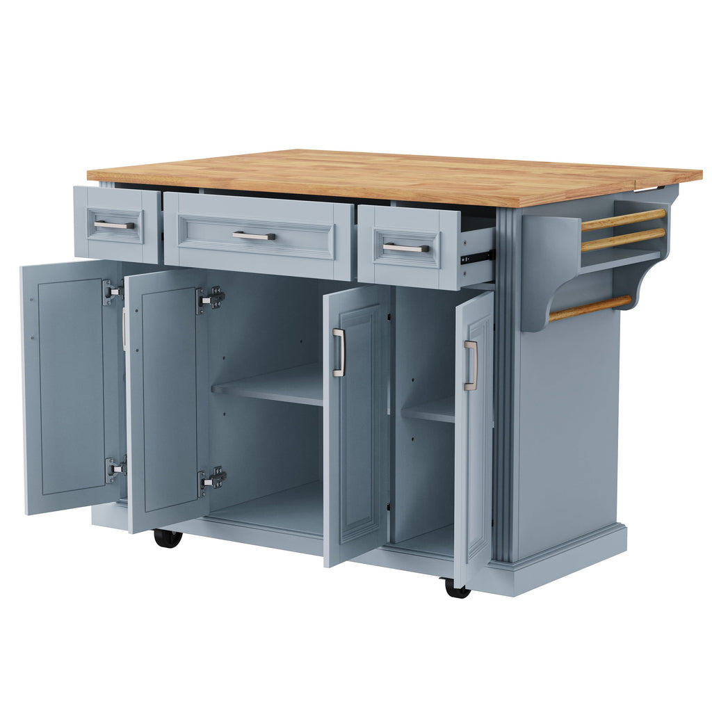 K&K 54inch Large Kitchen Island with Rubber Wood Drop Leaf, Embossed Texture Rolling Kitchen Cart on 4 Wheels with 4 Doors and 3 Drawers, Kitchen Island with Storage for Kitchen, Dining Room,Black
