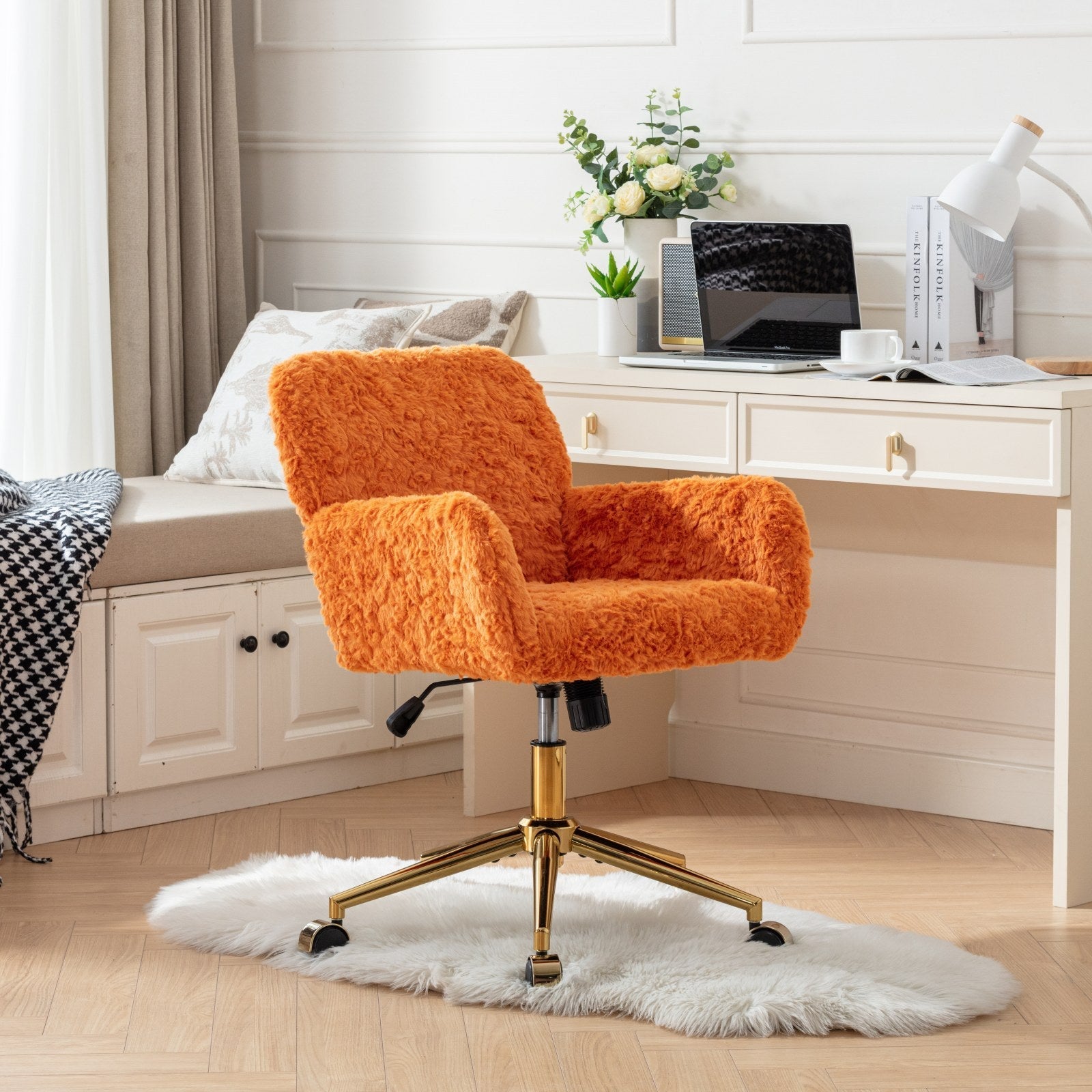 Faux Fur Office Chair — 40° Reclining with Gold Metal Base & Wheels
