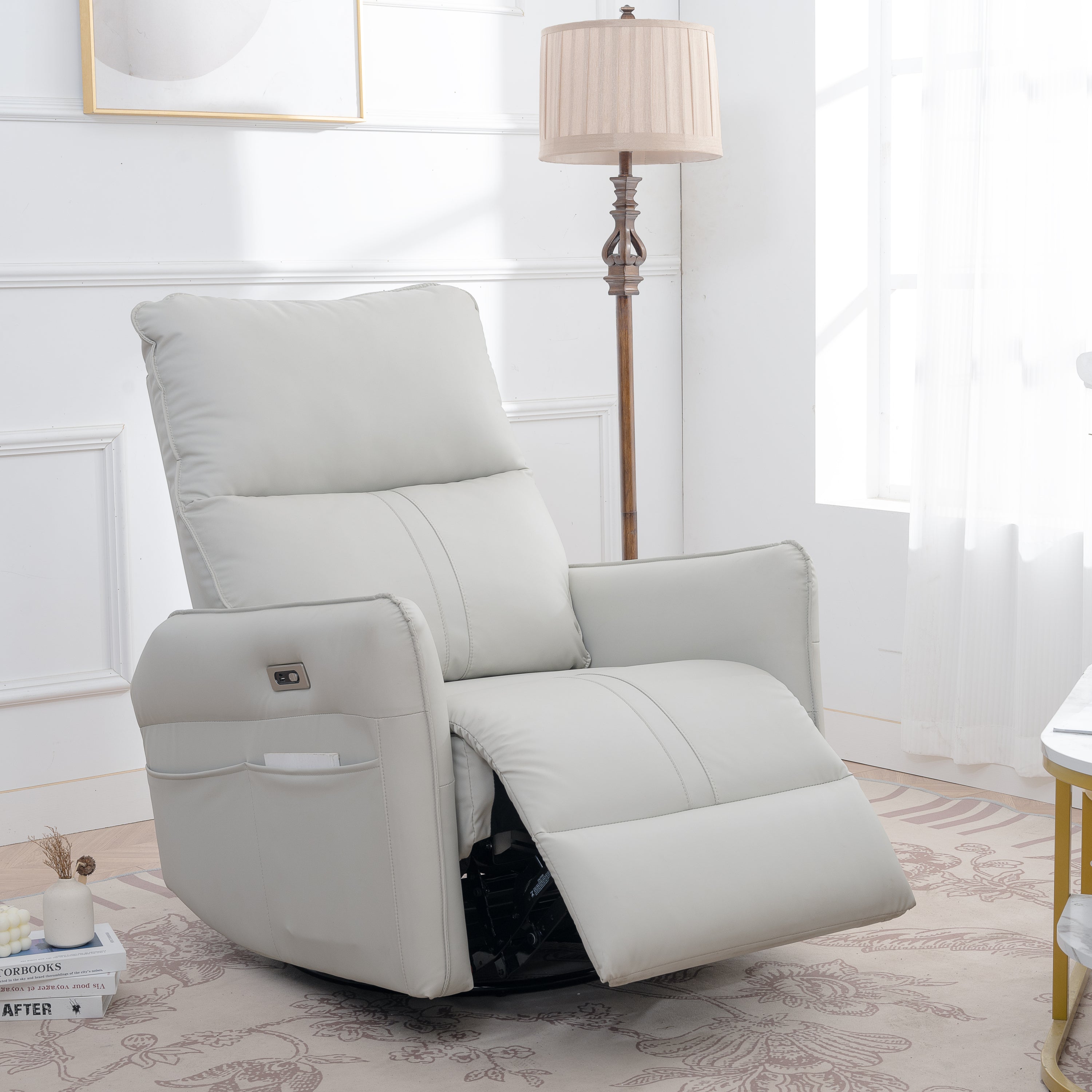 Light gray glider recliner in living room setting