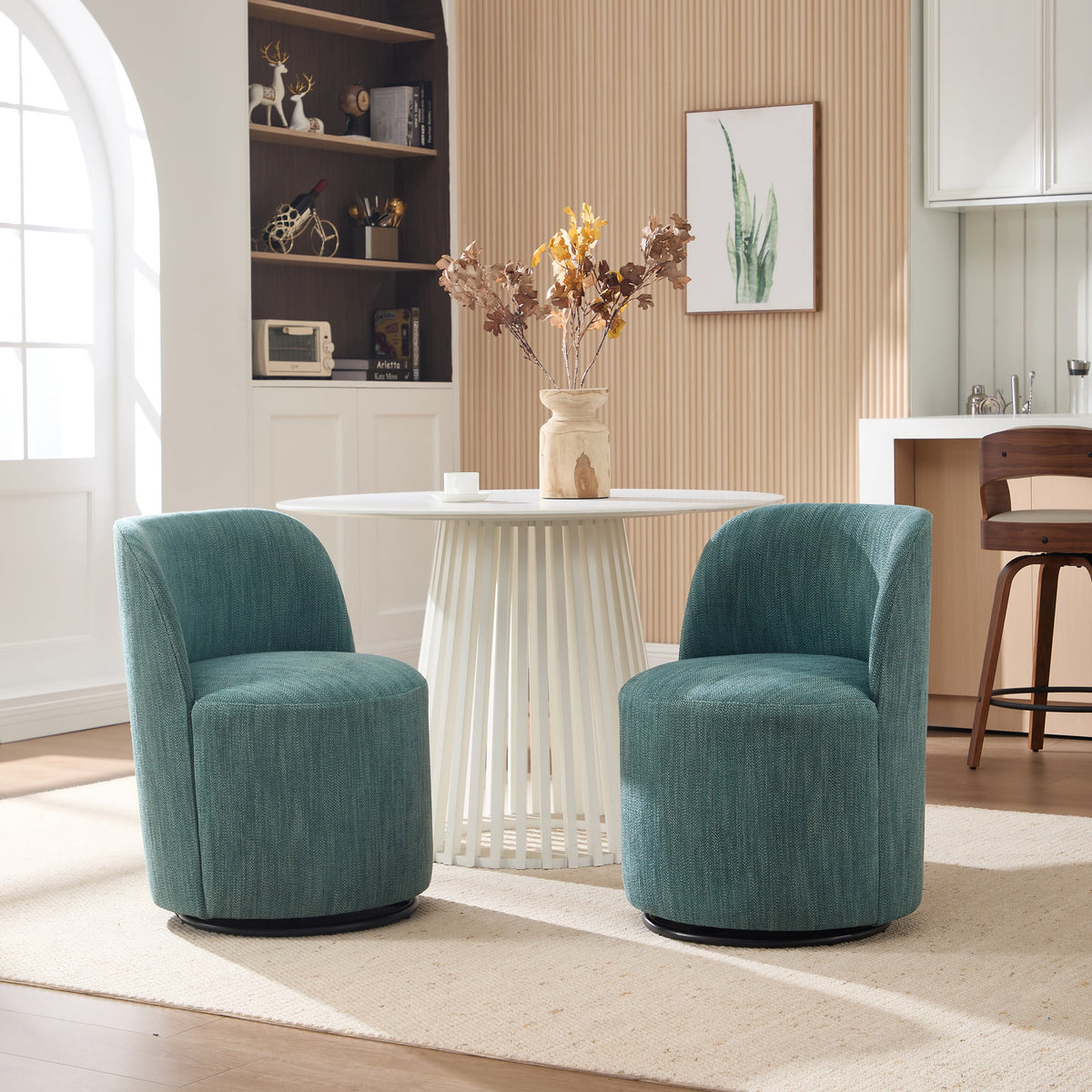 Set Of 1 Upholstered Kitchen & Dining Room Barrel Chair, Mid Century Modern Round Linen Dining Chair, 360 Degree Swivel Comfy Armless Accent Makeup Vanity Side Chair for Bedroom Living Room
