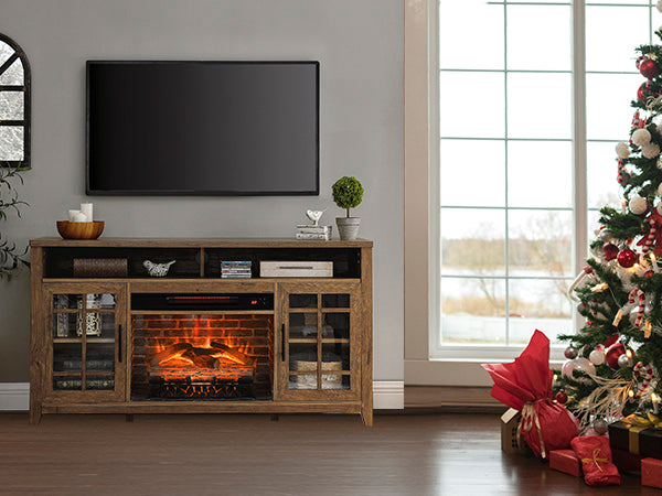 Reclaimed barnwood entertainment center with LED fireplace flame effect