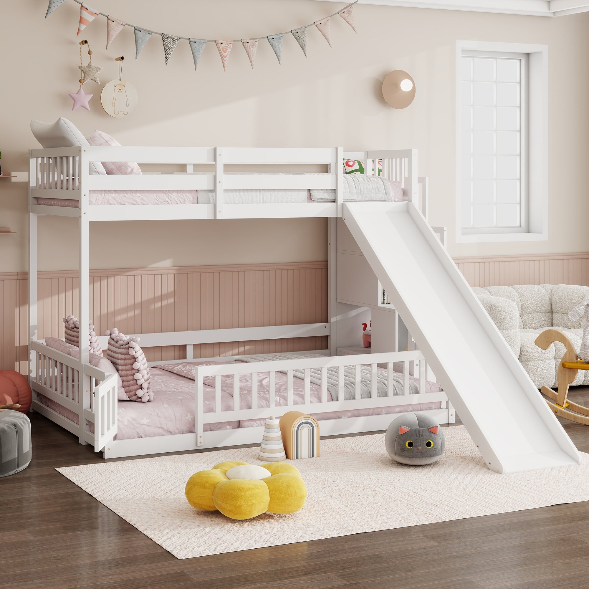 Twin Over Full Bunk Bed with Slide, Storage Staircase, Pine Solid Wooden Bunk Bed with Safety Guardrails ,Grey (Old Sku W504S00184)