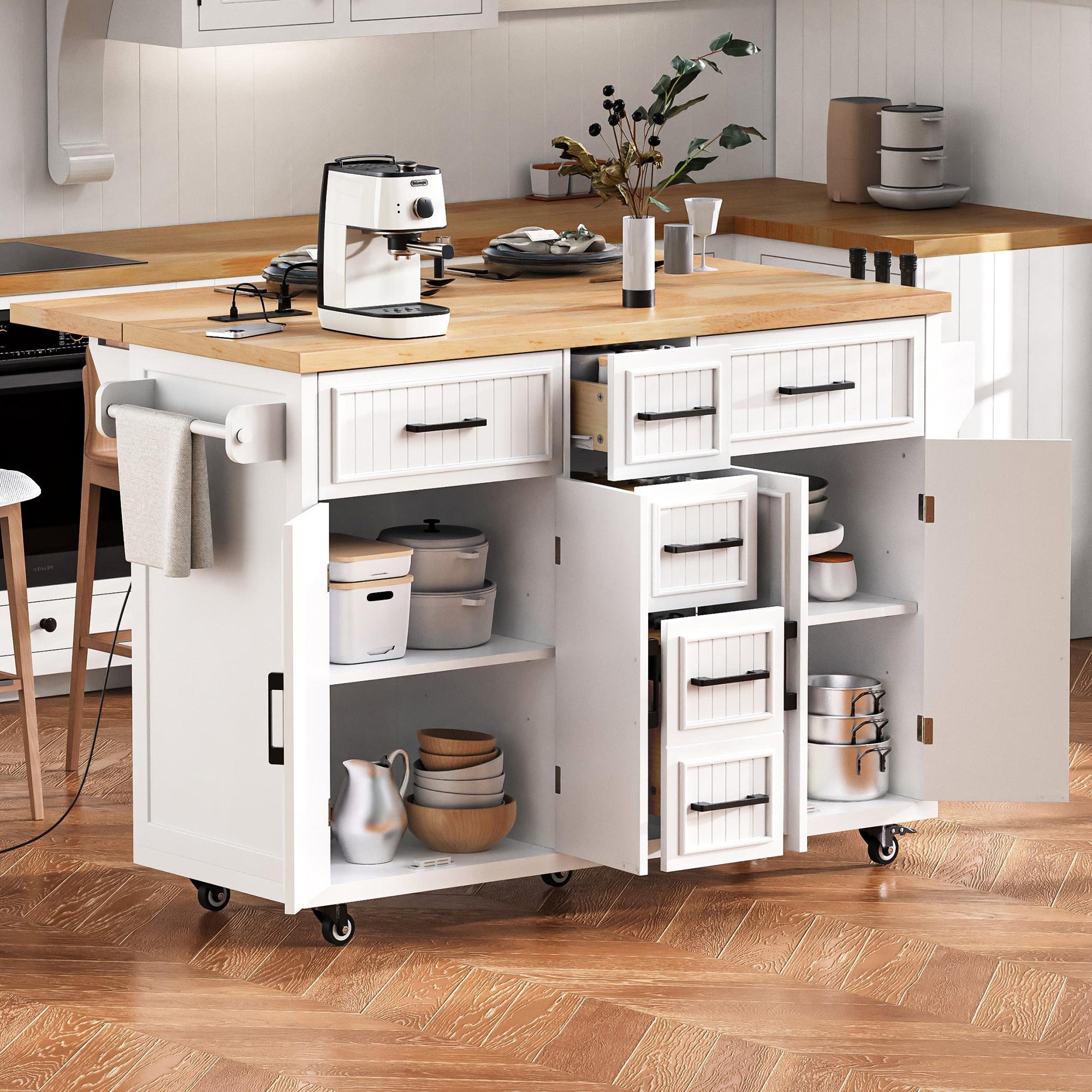 K&K 56.5'' Kitchen Island with Drop Leaf, Power Outlet, Embossed Vertical Stripe Rolling Kitchen Cart on Wheels with 4 Doors , 5 Deep Drawers and Adjustable Shelves, for Kitchen, Dining Room, Black