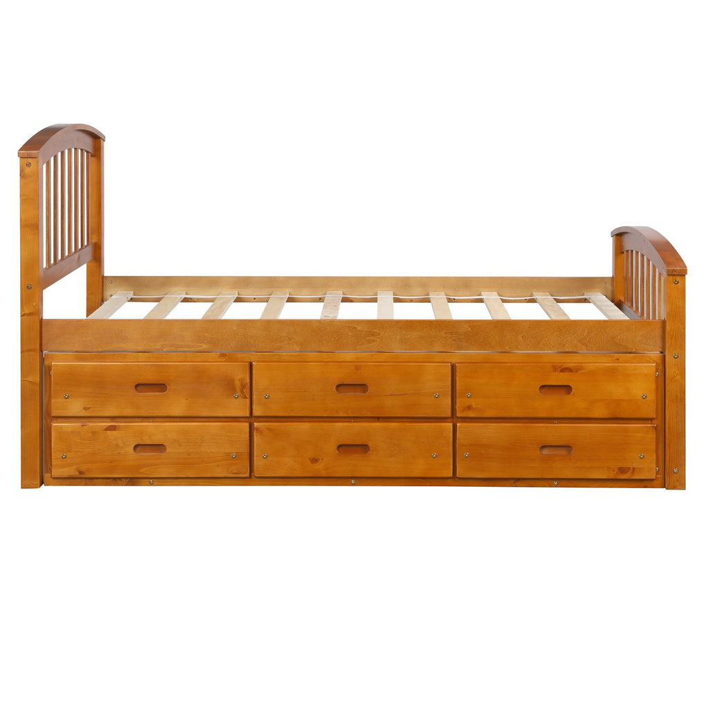Solid wood twin bed drawer pull and handle close-up
