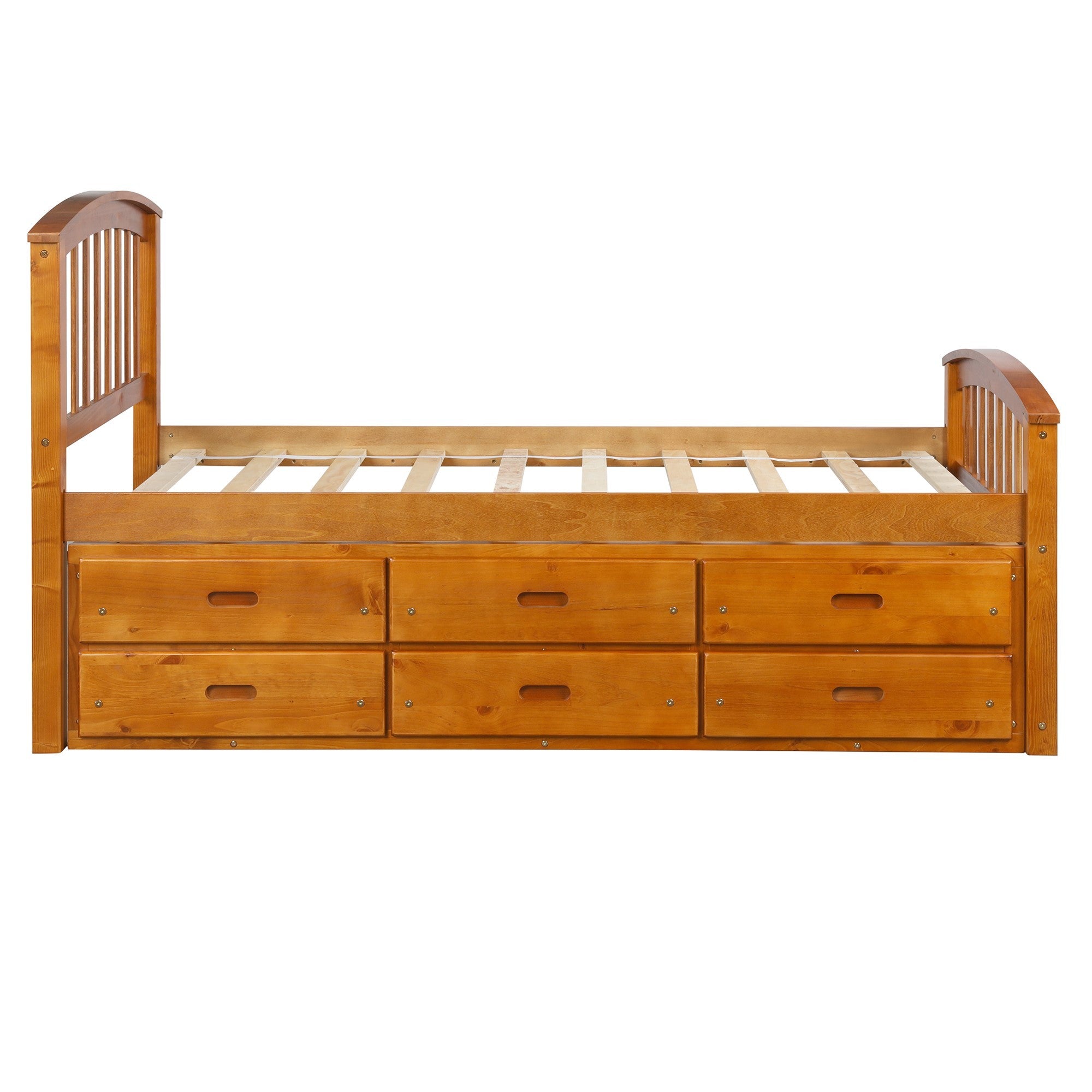 Solid wood twin bed drawer pull and handle close-up