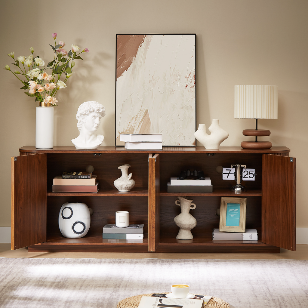 Walnut buffet cabinet curved side panels detail
