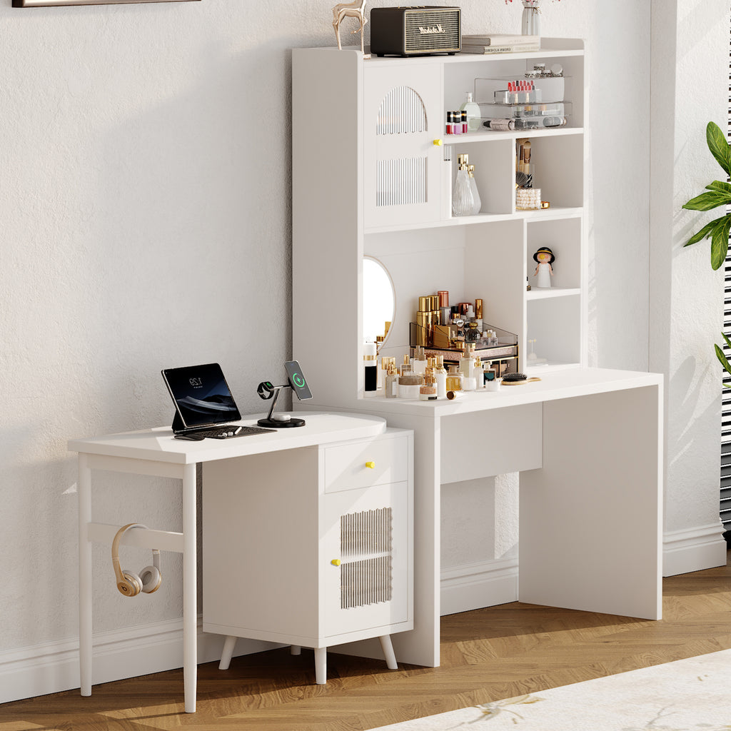 Computer desk with rotating extendable desktop panel extended