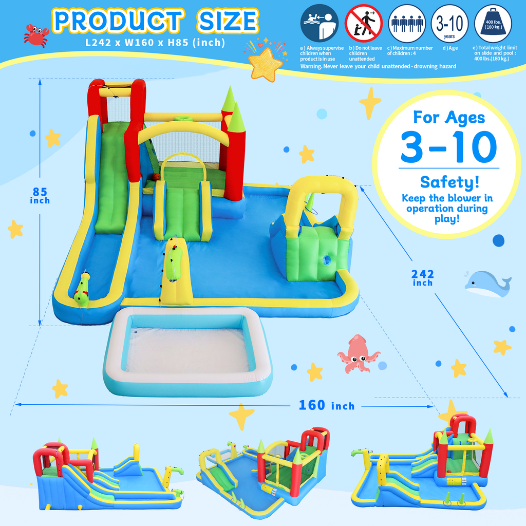 Multicolor inflatable water park bounce castle outdoor setup
