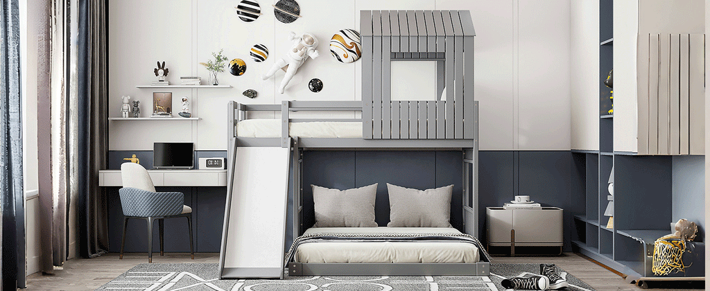 Gray twin over full playhouse bunk bed loft slide ladder — lifestyle photo