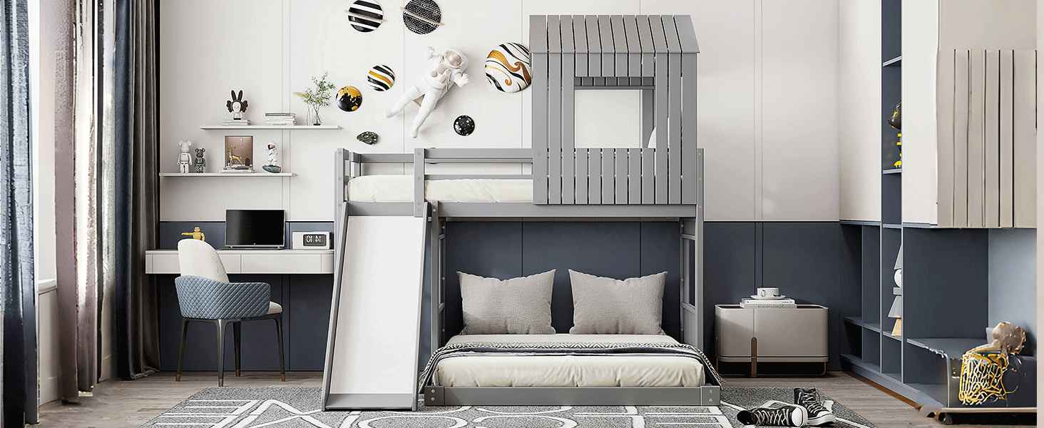 Gray twin over full playhouse bunk bed loft slide ladder — lifestyle photo