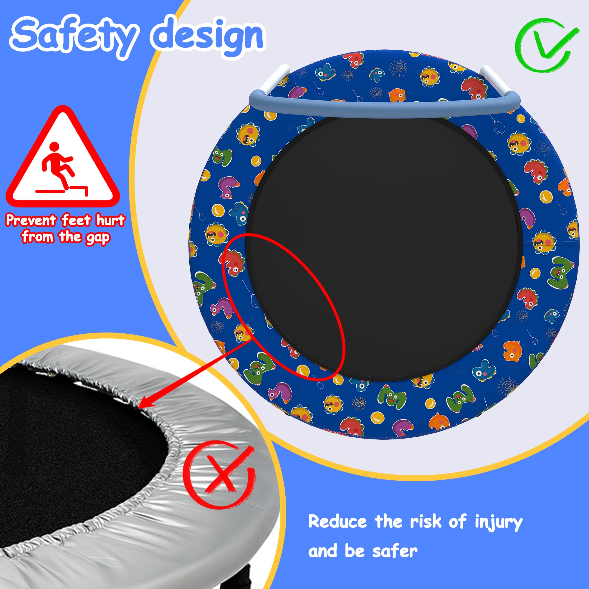 Mini trampoline six extra legs stability frame detail