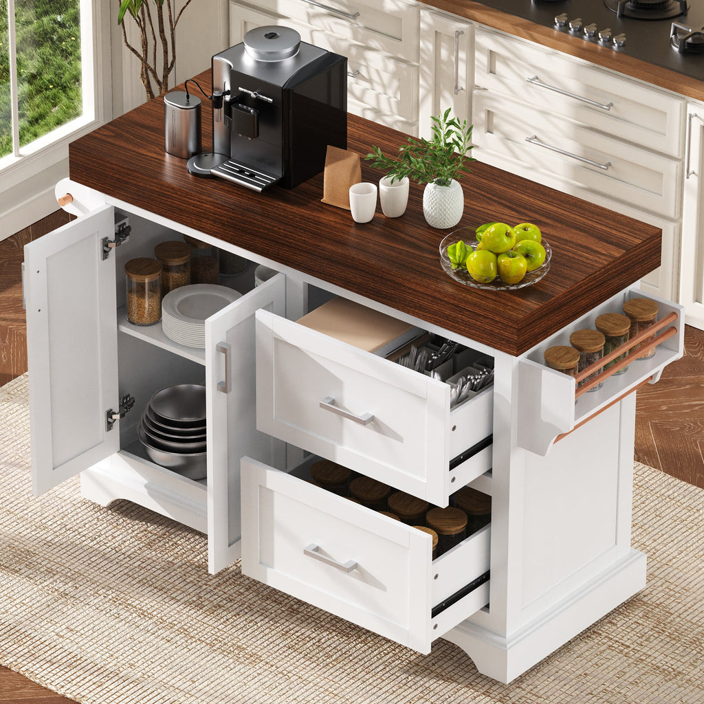 K&K 53' Large Kitchen Island with 3.5' Thick Desktop, Spice and Towel Racks, Rolling Kitchen Island with Storage on 5 Wheels, 2 Extra-large Drawers, for Home, Kitchen, Dining Room, Black
