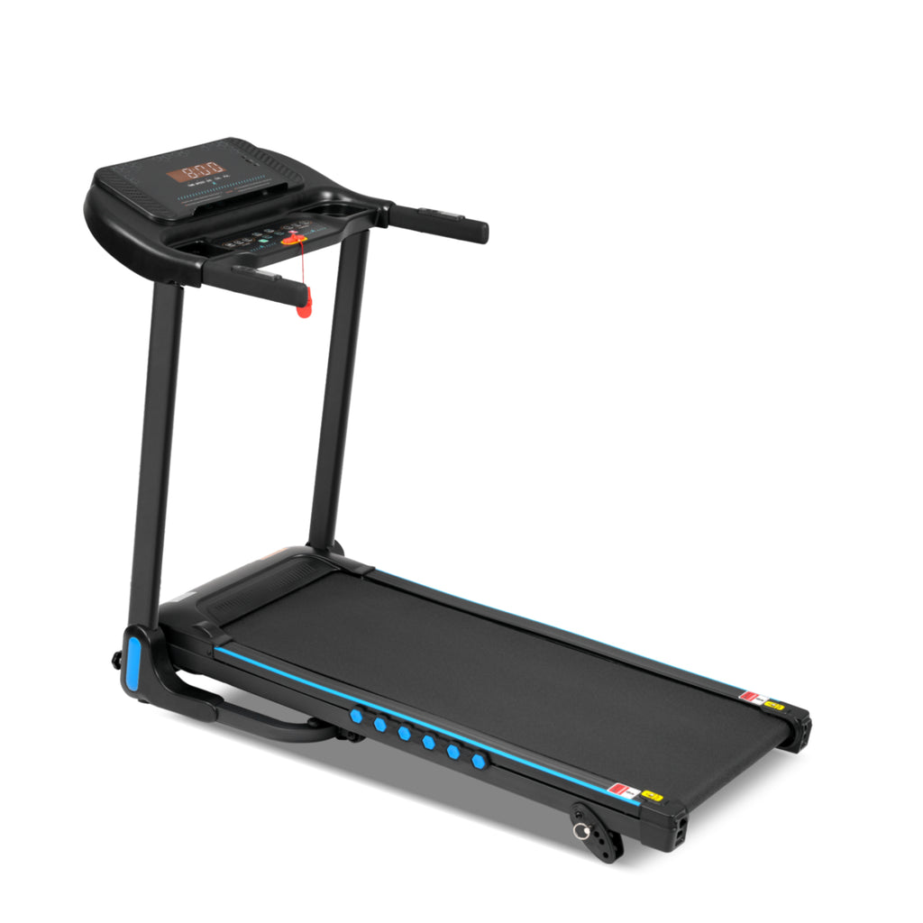 Black folding treadmill with manual incline — front view