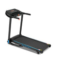 Black folding treadmill with manual incline — front view