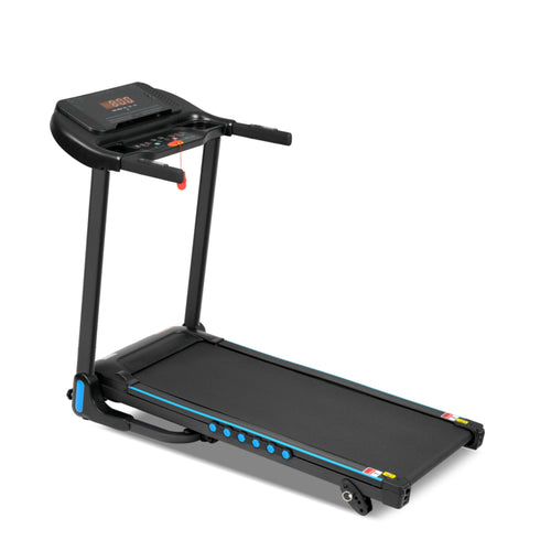 Black folding treadmill with manual incline — front view