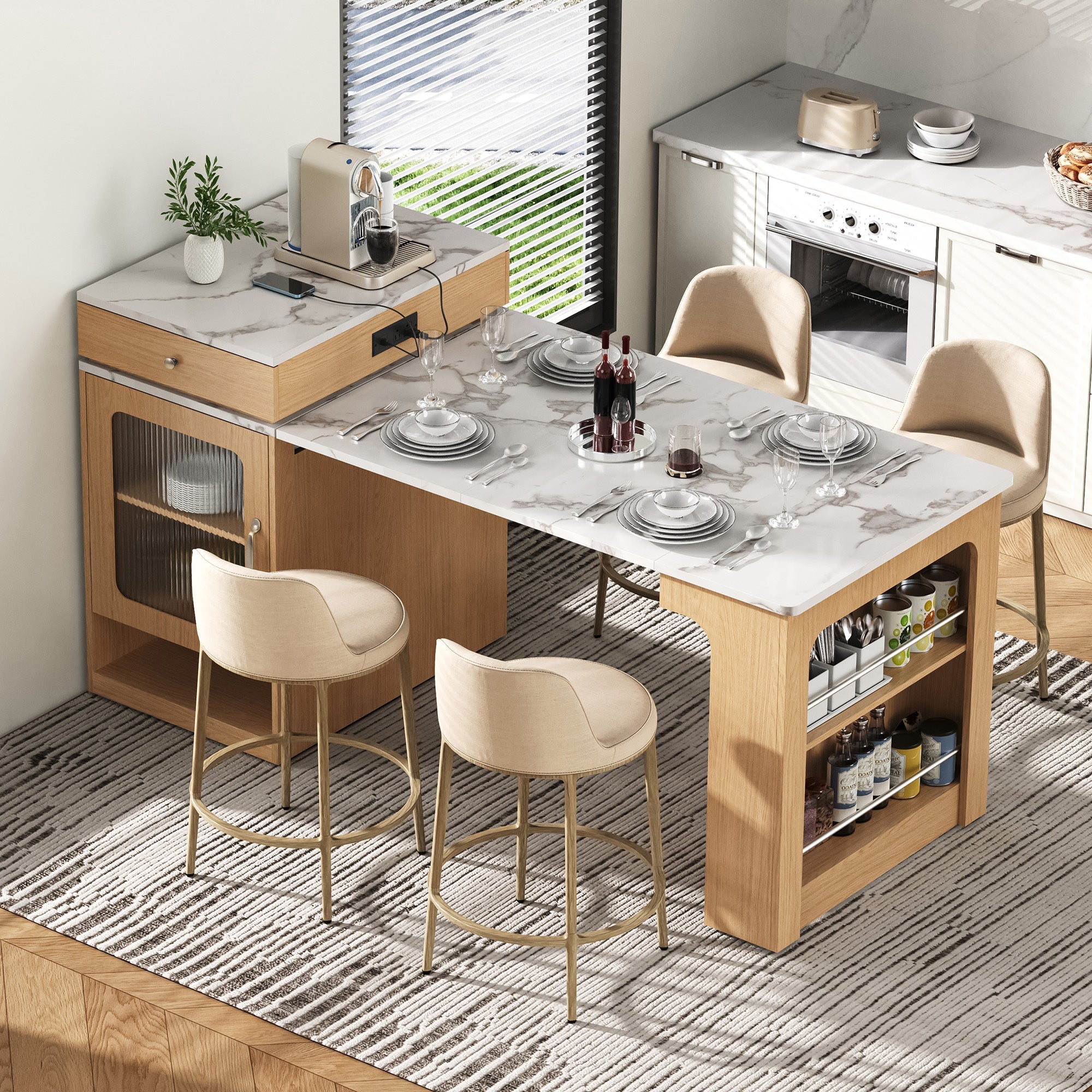 K&K 59.5' Kitchen Island with Extendable Dining Table, Kitchen Storage Table with Double-sided Storage, Kitchen Island with 2 Drawers, Power Outlet, Side Open Shelves, for Kitchen, Dining Room, Black
