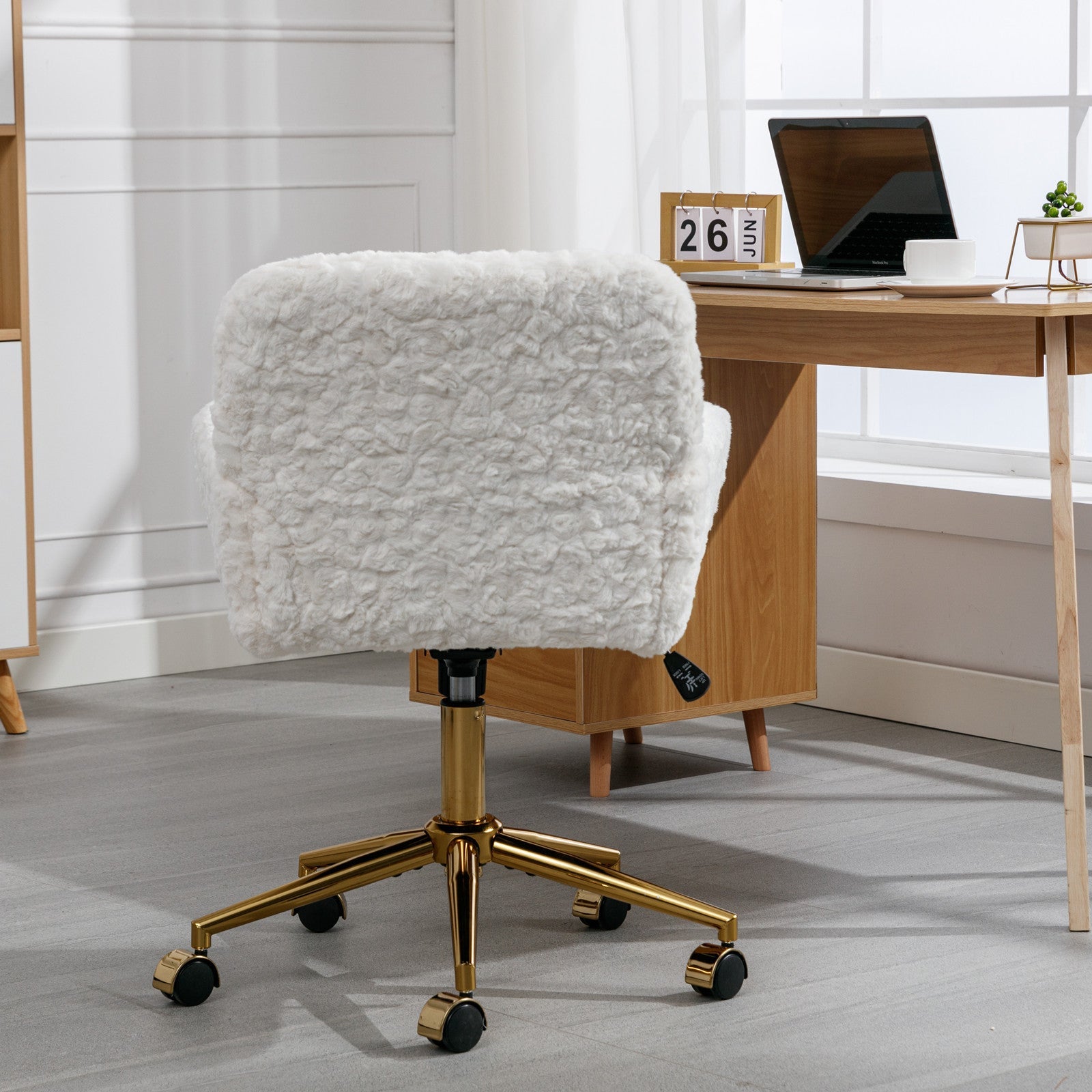 Faux Fur Office Chair — 40° Reclining with Gold Metal Base & Wheels