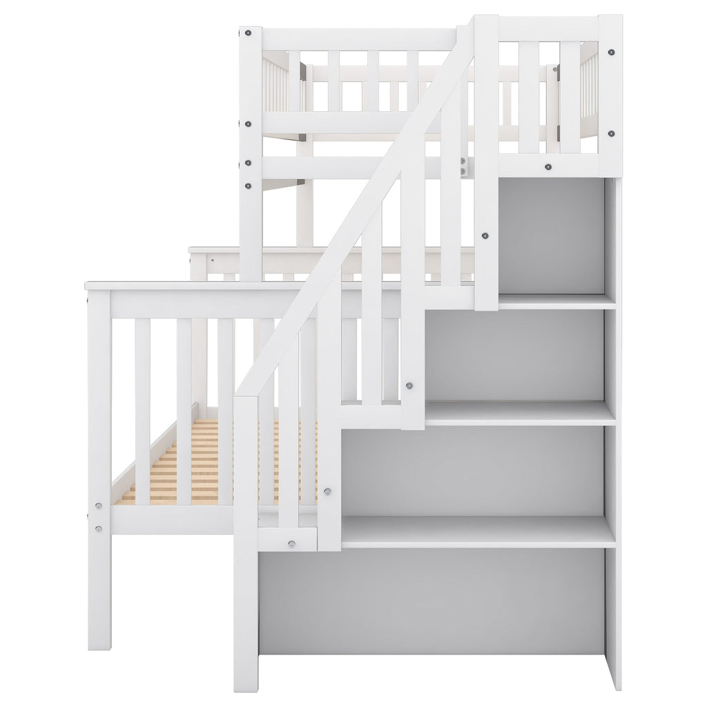Twin over Full Stairway Bunk Bed with Side Shelves & Storage — Pine Wood
