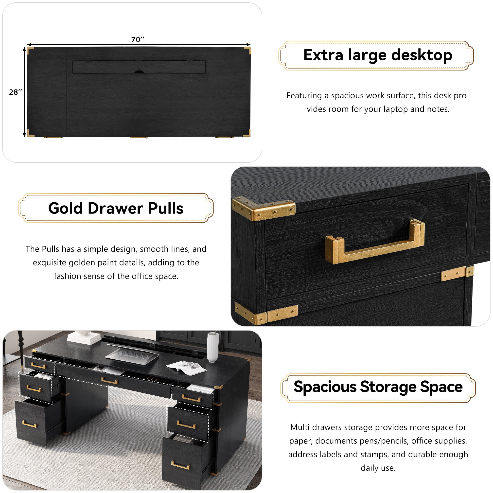 Built-in USB ports and power outlets on desk