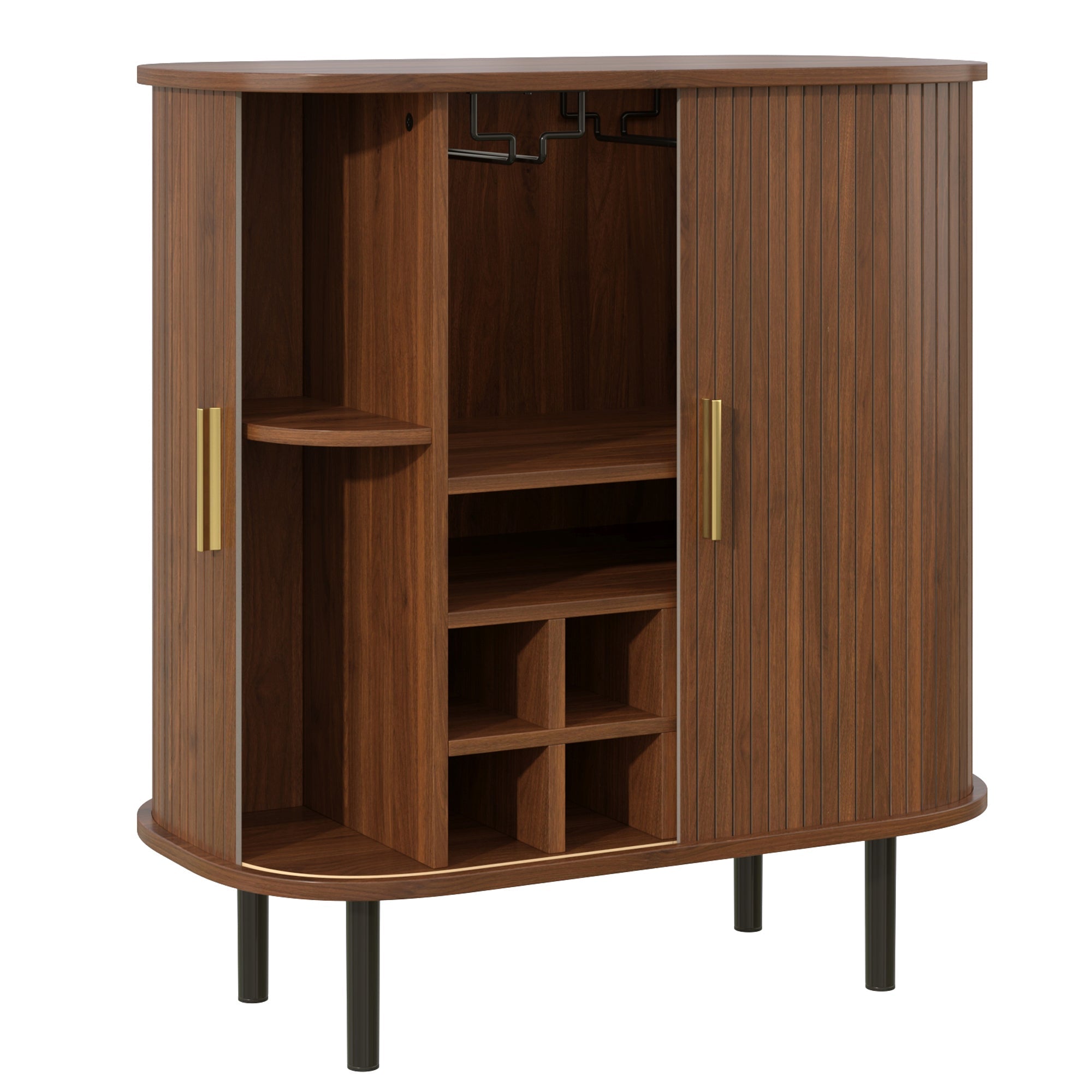 28' Fluted Wine Bar Cabinet with 8-Grid Wine Rack, 5-Level Adjustable Shelves, 2 Glass Holders, Smoothly Sliding Tambour Doors, 4 Hidden Storage Space on the Side, Modern Liquor Coffee Station, Black