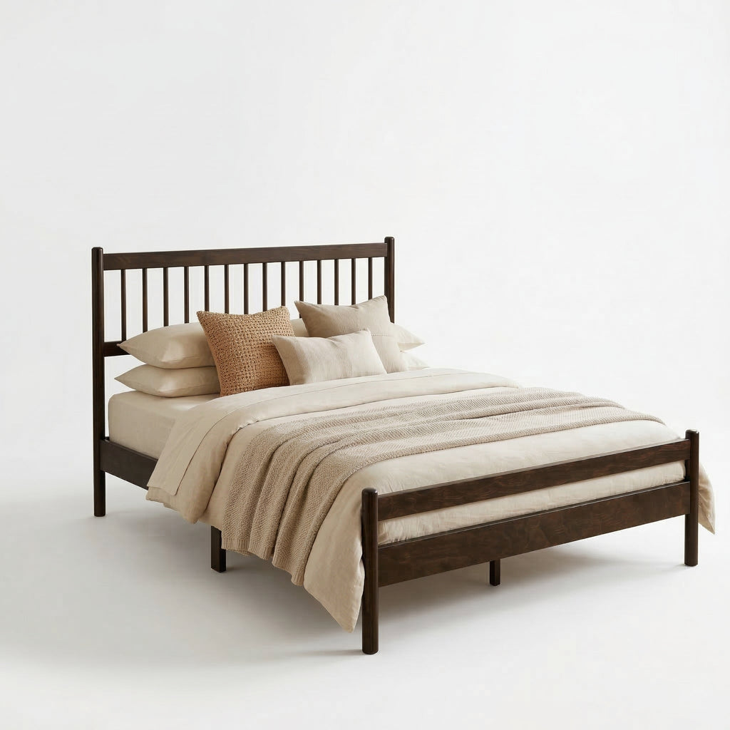 Traditional Style Queen Size Bed with Headboard and Footboard, Pinewood Bed with Strengthened Bed Frame ,Walnut