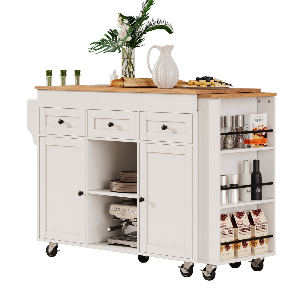 K&K 85.5' Kitchen Island with Extendable Dining Table, Kitchen Storage Table with 3 Side Open Shelves, Rolling Kitchen Island with Power Outlet, 3 Drawers, 2 Doors, for Kitchen, Dining Room, Black