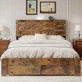 Queen Size Rustic Platform Bed Frame with LED Lighting Headboard, Built-in USB & Type-C Charging Station, Under-Bed Storage Drawers, Heavy Duty Metal Slats, No Box Spring Needed,Dark Brown
