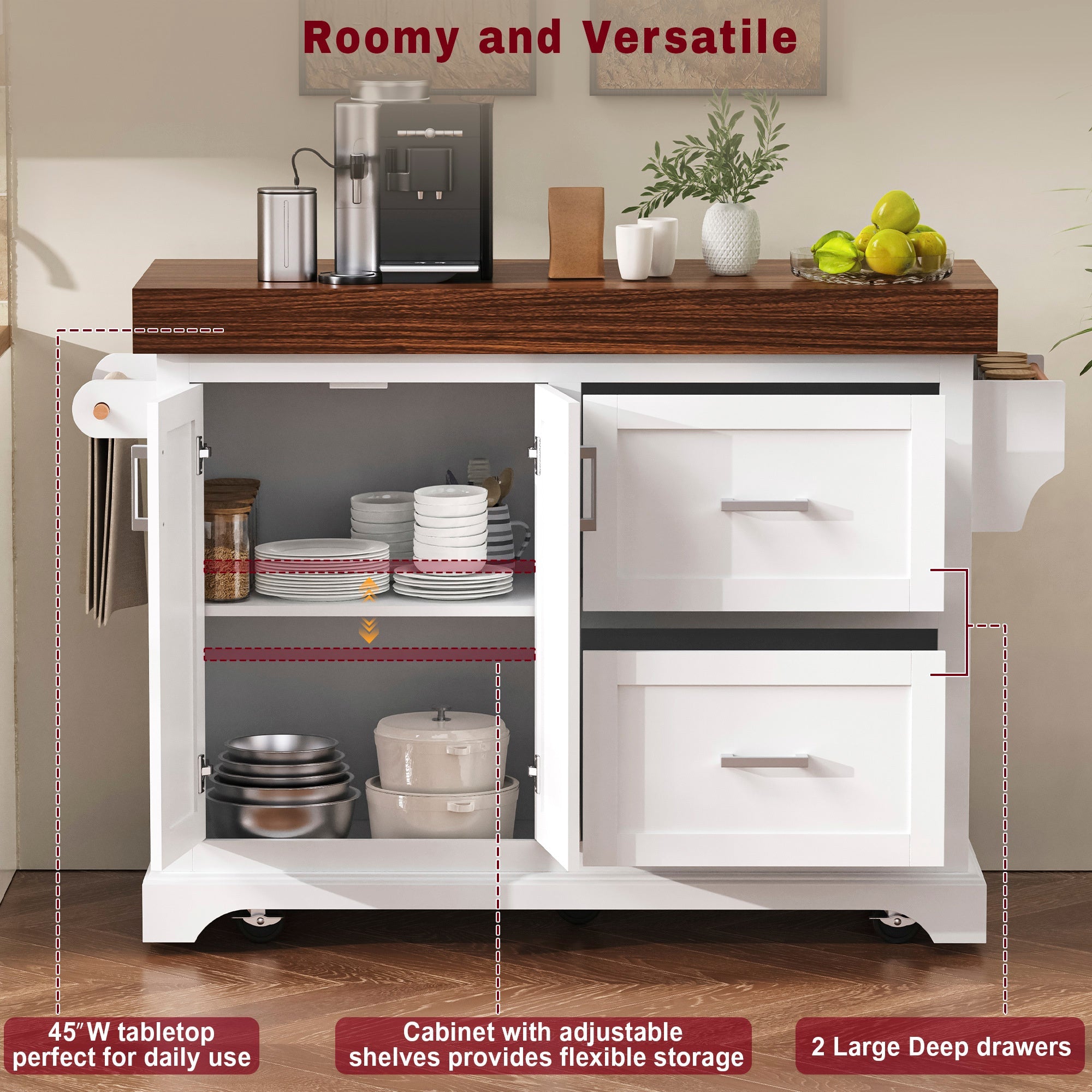 K&K 53' Large Kitchen Island with 3.5' Thick Desktop, Spice and Towel Racks, Rolling Kitchen Island with Storage on 5 Wheels, 2 Extra-large Drawers, for Home, Kitchen, Dining Room, Black
