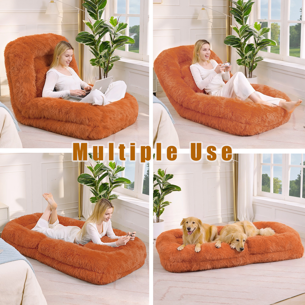 Human dog bed orange faux fur upholstery close-up