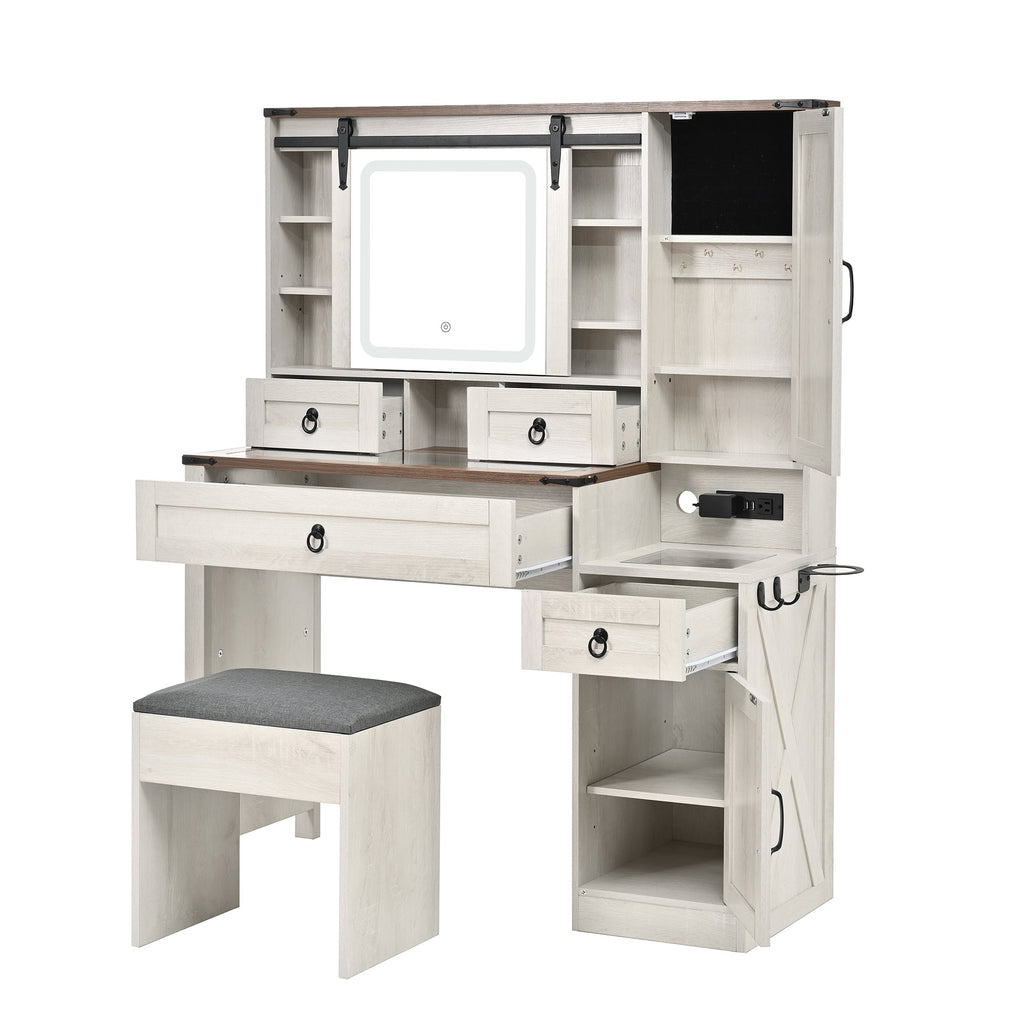Farmhouse Vanity Desk with Sliding Mirror and Lights, Vanity Set with Glass Top and Charging Station ,Dressing Table with 4 Drawers and 2 Cabinets, Dressing Table with Stool for Bedroom, Gray