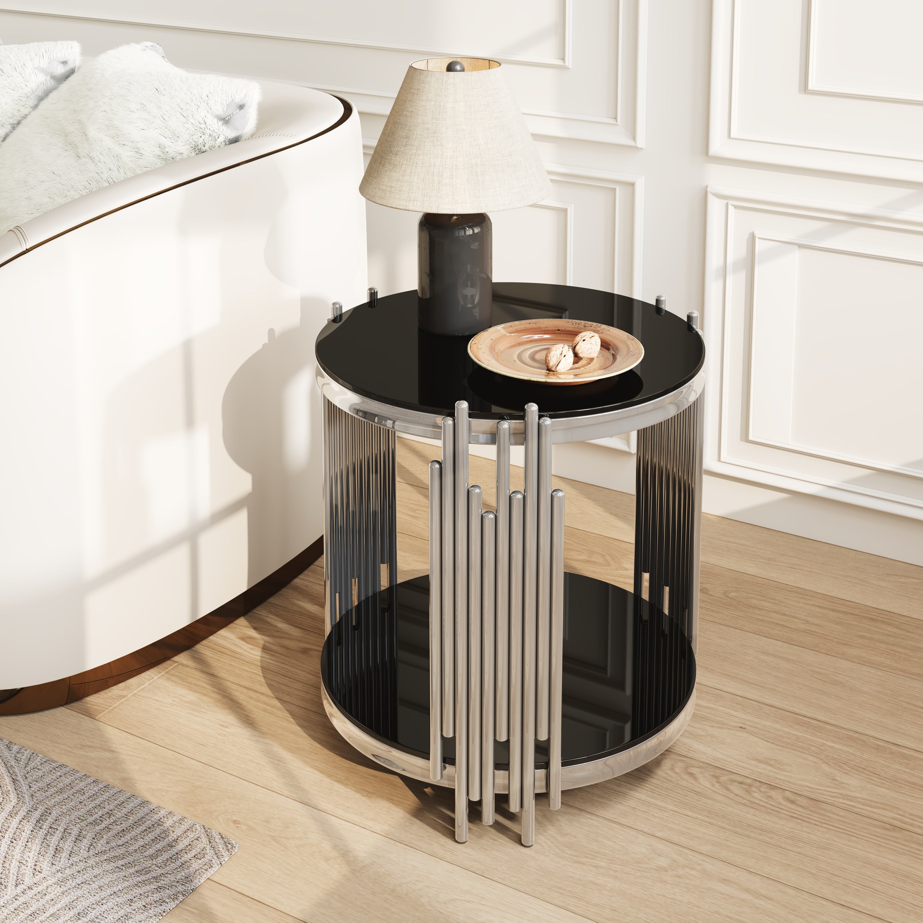 19.7' Round Glass End Table, 2-Tier Silver Side Table with Stainless Steel Legs and Black Tempered Glass, Modern Luxury End Table for Living Room Home Office