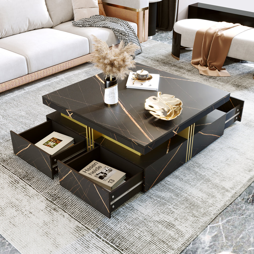 Black coffee table drawer open interior storage