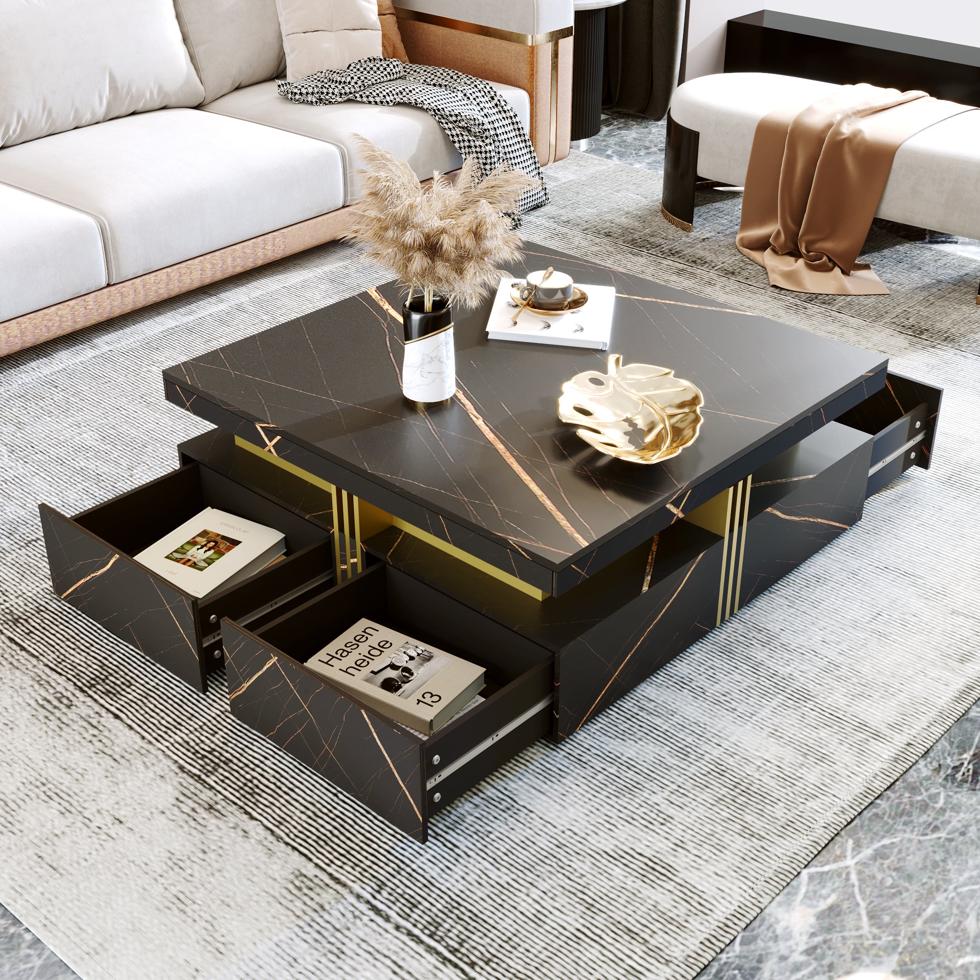 Black coffee table drawer open interior storage