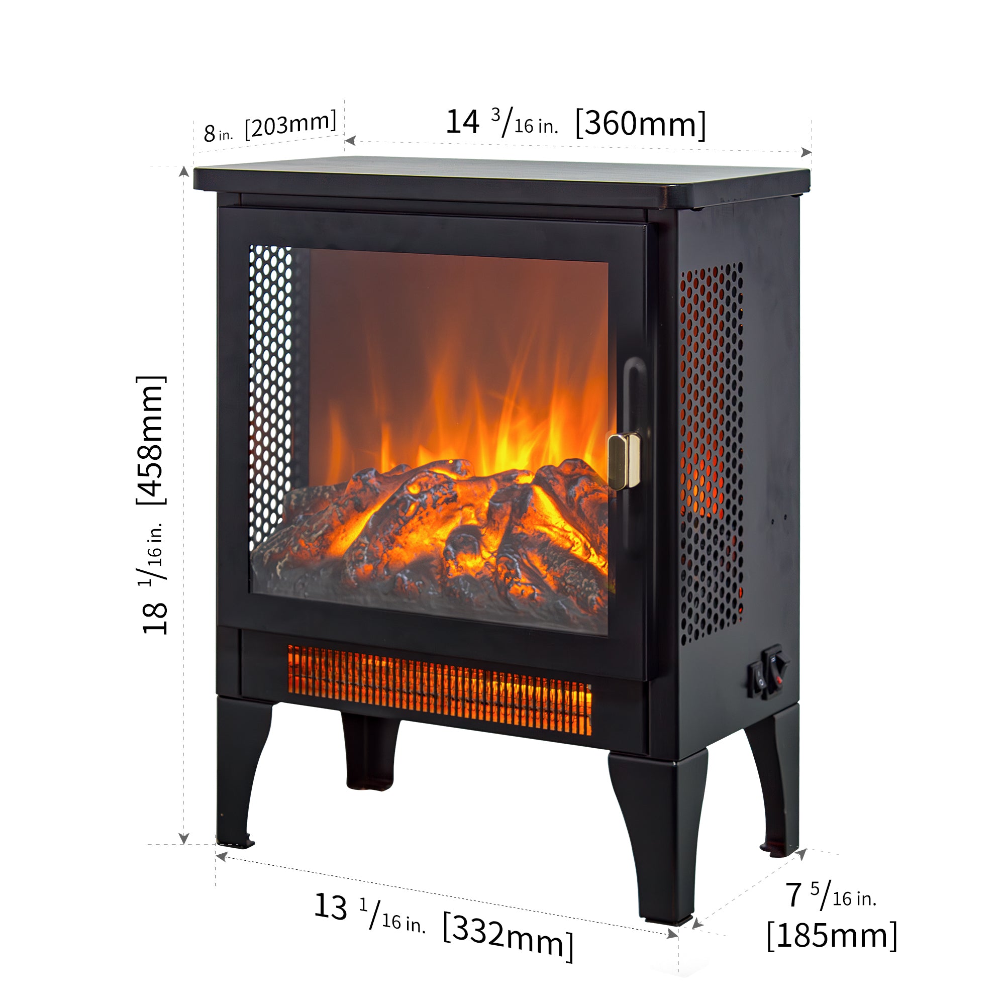 Black electric fireplace stove dimension diagram 18 inch height 14 inch width