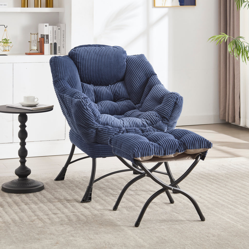 Navy blue accent chair with side storage pocket