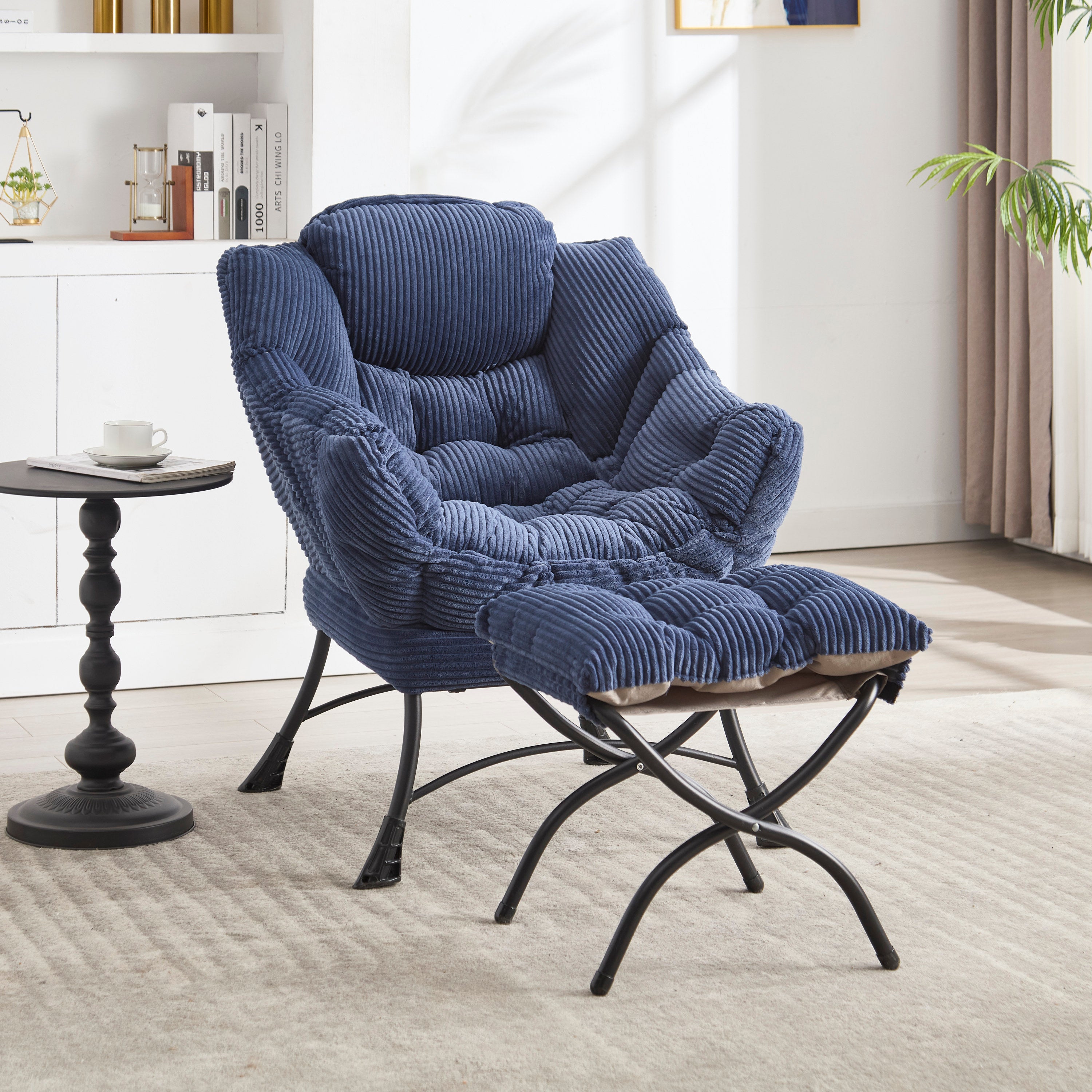 Navy blue accent chair with side storage pocket