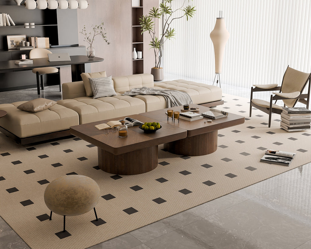 34.6'' Square Coffee Table for Living Room, Modern Wood Veneer Top with Parquet Pattern & Cylindrical Base, Thickened Tabletop, Easy Assembly, Natural Wood