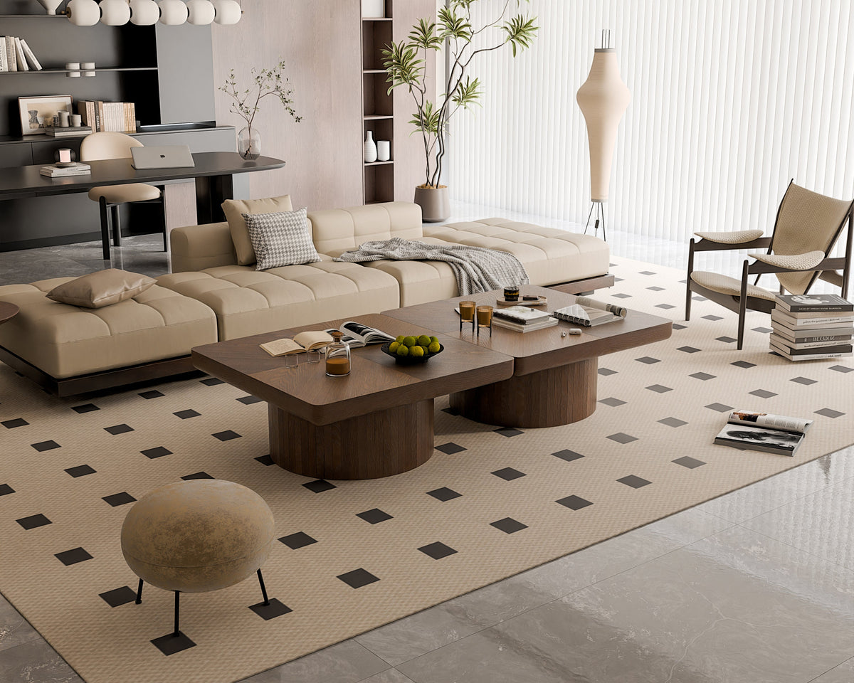 34.6'' Square Coffee Table for Living Room, Modern Wood Veneer Top with Parquet Pattern & Cylindrical Base, Thickened Tabletop, Easy Assembly, Natural Wood