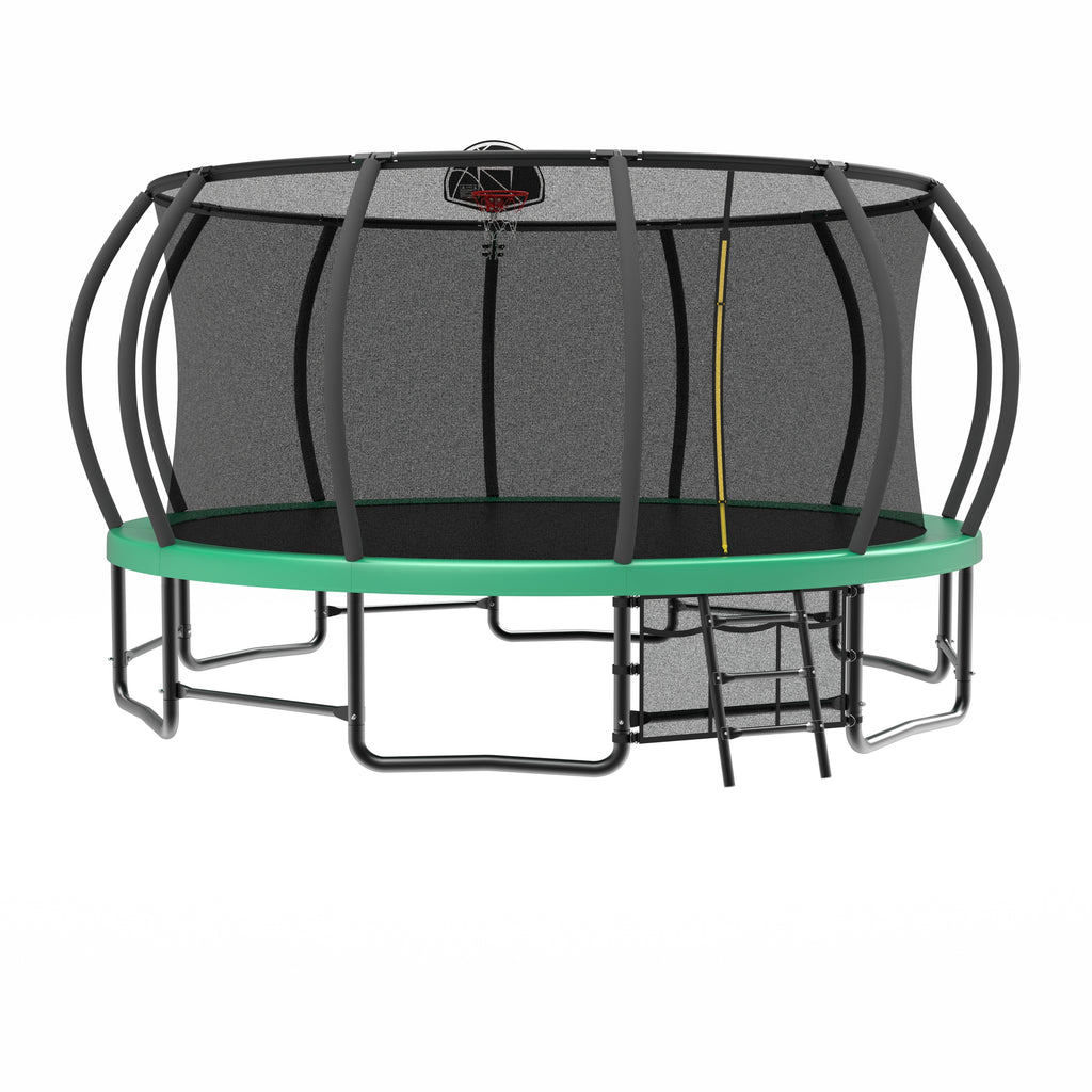 Green 15-foot pumpkin trampoline backyard product photo with basketball hoop