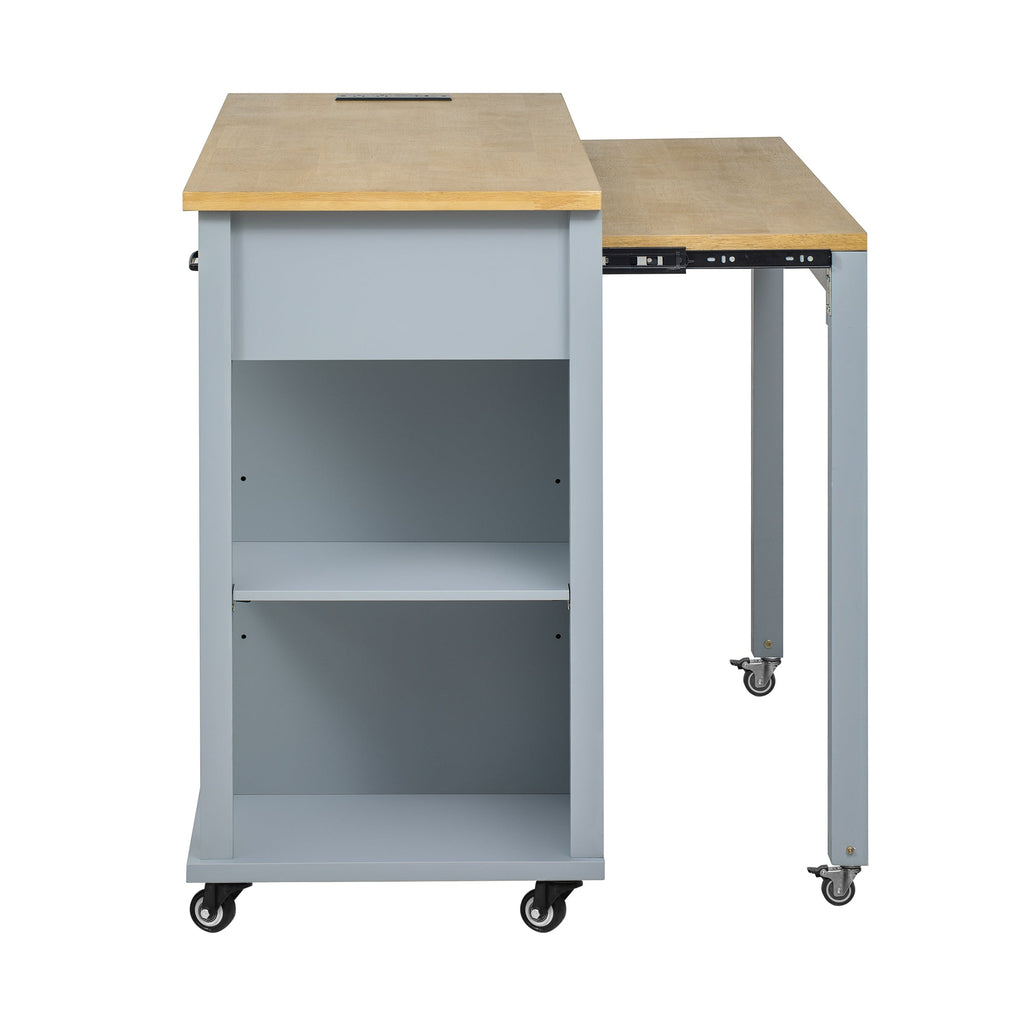 K&K 47 inch Kitchen Island with Extendable Dining Table, Rubber Wood Veneer Kitchen Table with Internal Storage Rack, Power Outlet, Kitchen island with Storage 2 Drawers 2 Cabinet, Black