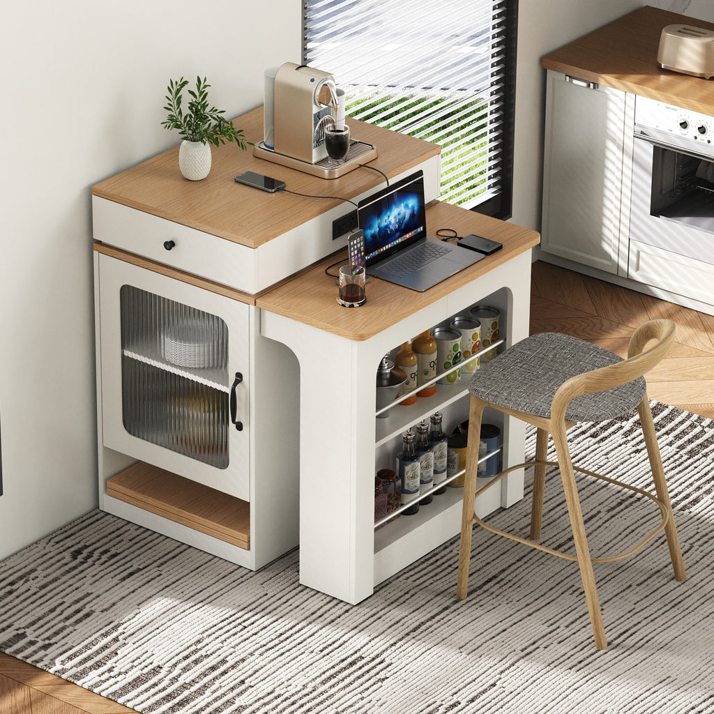 K&K 59.5' Kitchen Island with Extendable Dining Table, Kitchen Storage Table with Double-sided Storage, Kitchen Island with 2 Drawers, Power Outlet, Side Open Shelves, for Kitchen, Dining Room, Black