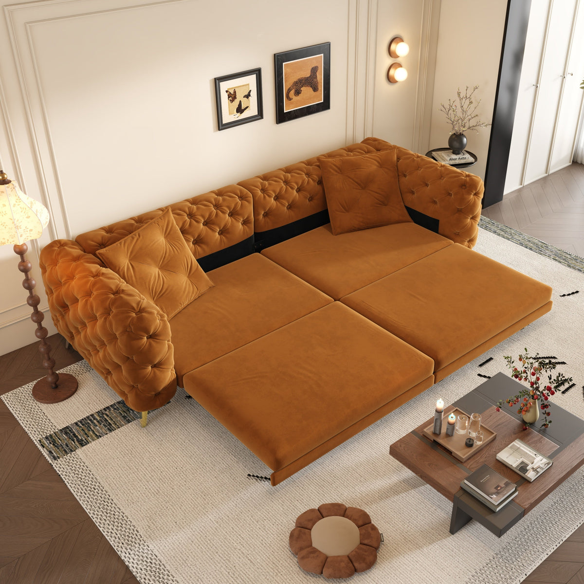 97.7' 3-in-1 Convertible Sleeper Sofa, 28.4' Deep Seat Pull Out Sofa Bed,Button Tufted Modern Sofa, 4-Seater Couch with Movable Ottoman for Apartment, Office, Bedroom,Beige/White