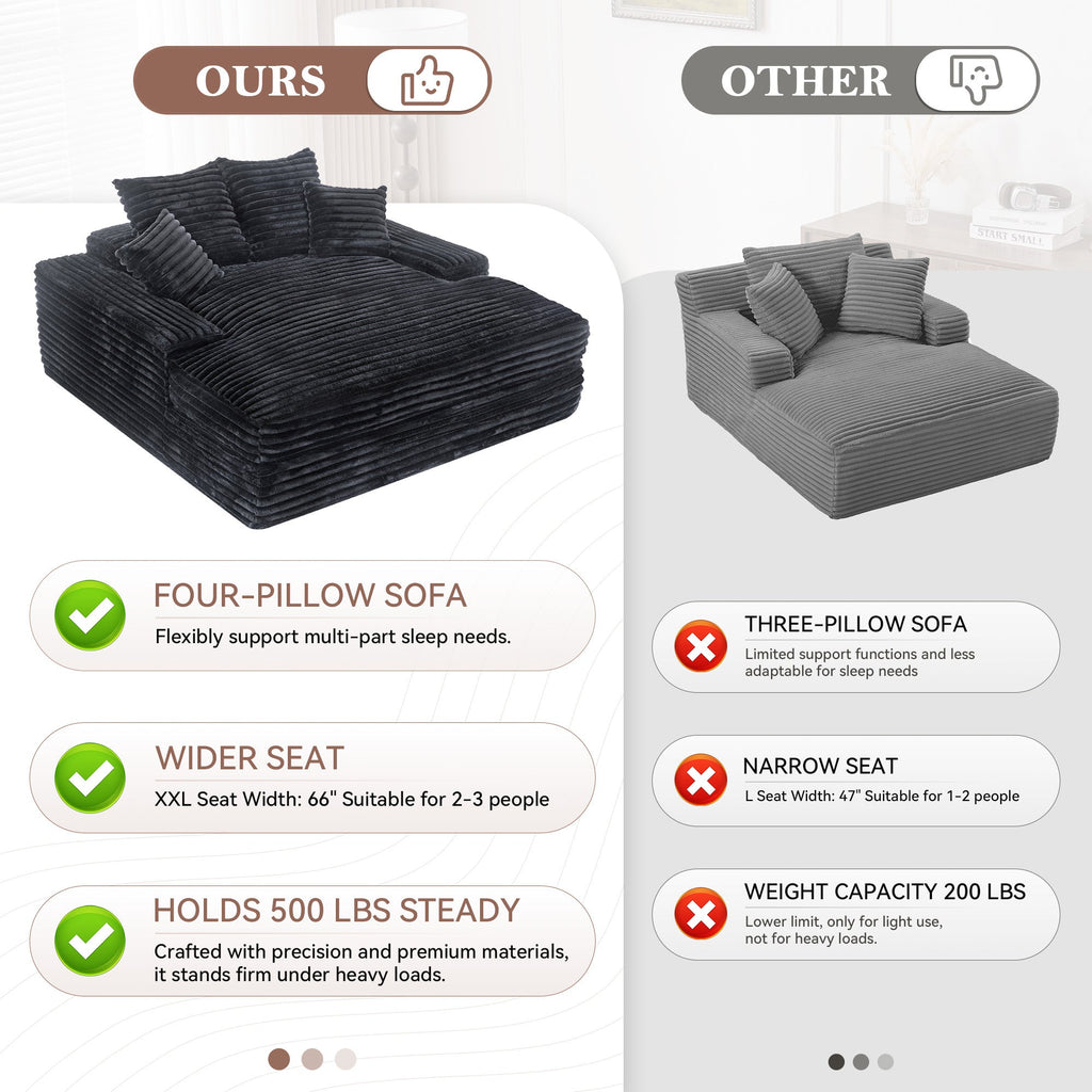 028DR-Oversized chaise Lounge chair, Upholstered Sleeper Sofa Bed with 4 Throw Pillows and Armrests, Corduroy Fabric Plush Lounge Chair Bed for Living Room, Apartment & Small Spaces, Black