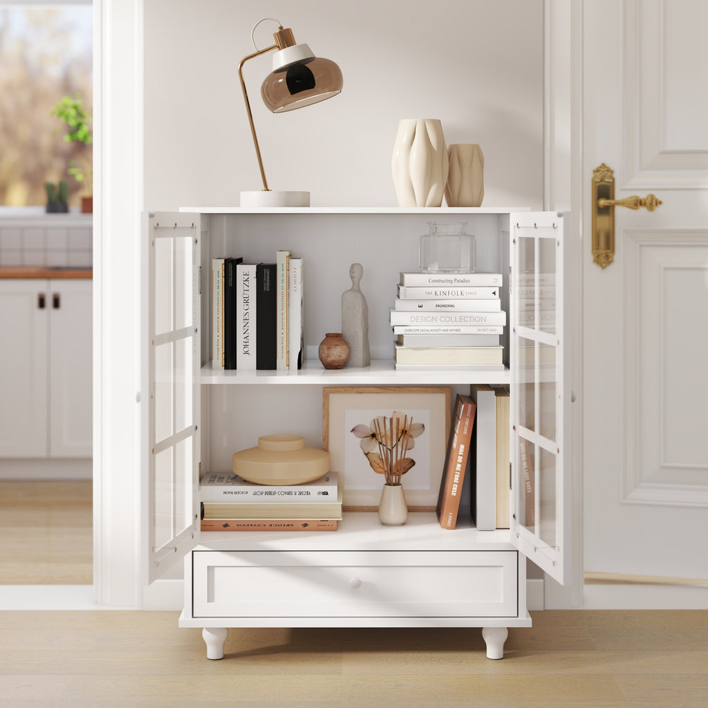 White buffet cabinet tempered glass doors detail