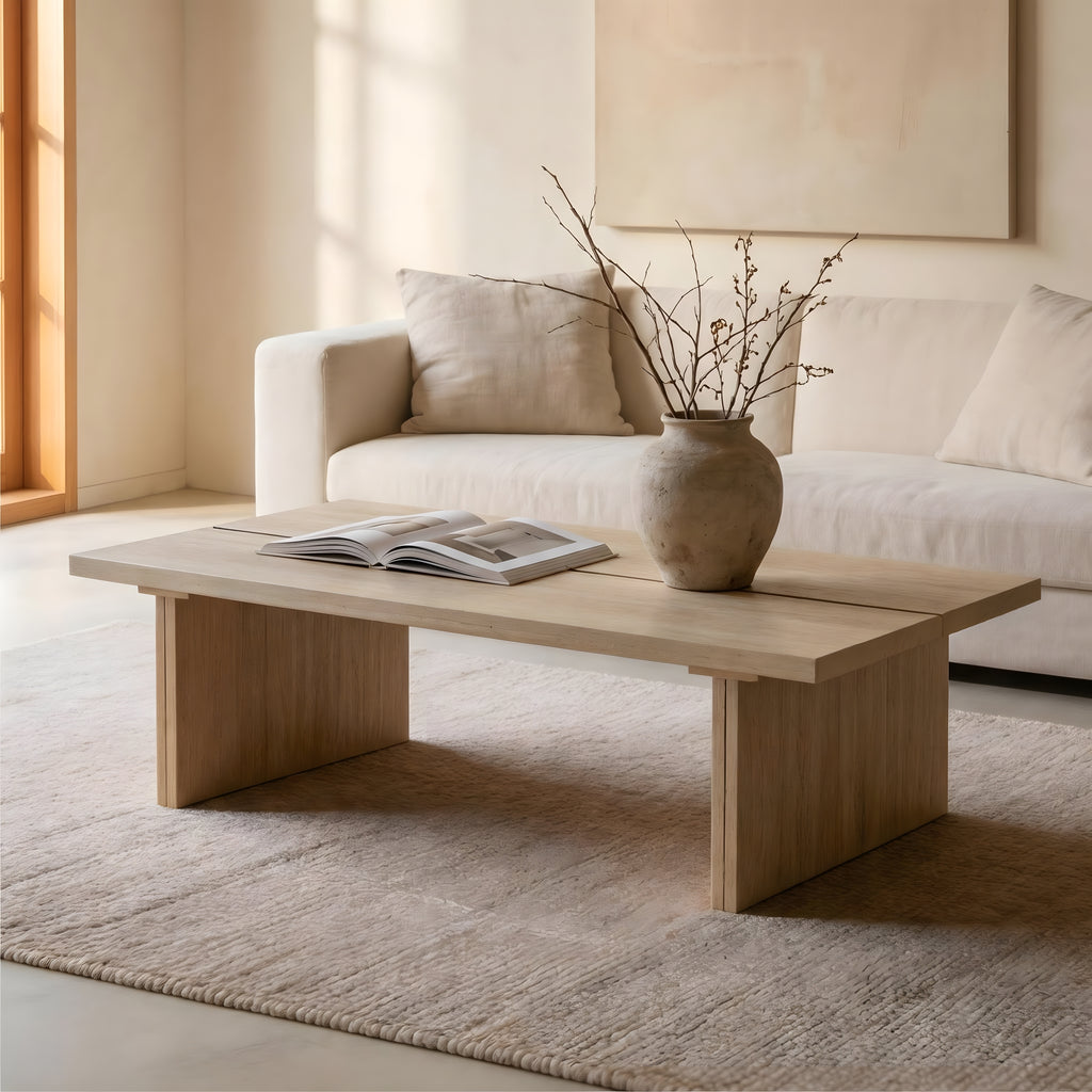Modern Travertine Coffee Table with Split Top, Minimalist Beige Stone Look Center Table, Faux Travertine Rectangular Cocktail Table with Thick Slab Legs for Wabi-Sabi Living Room