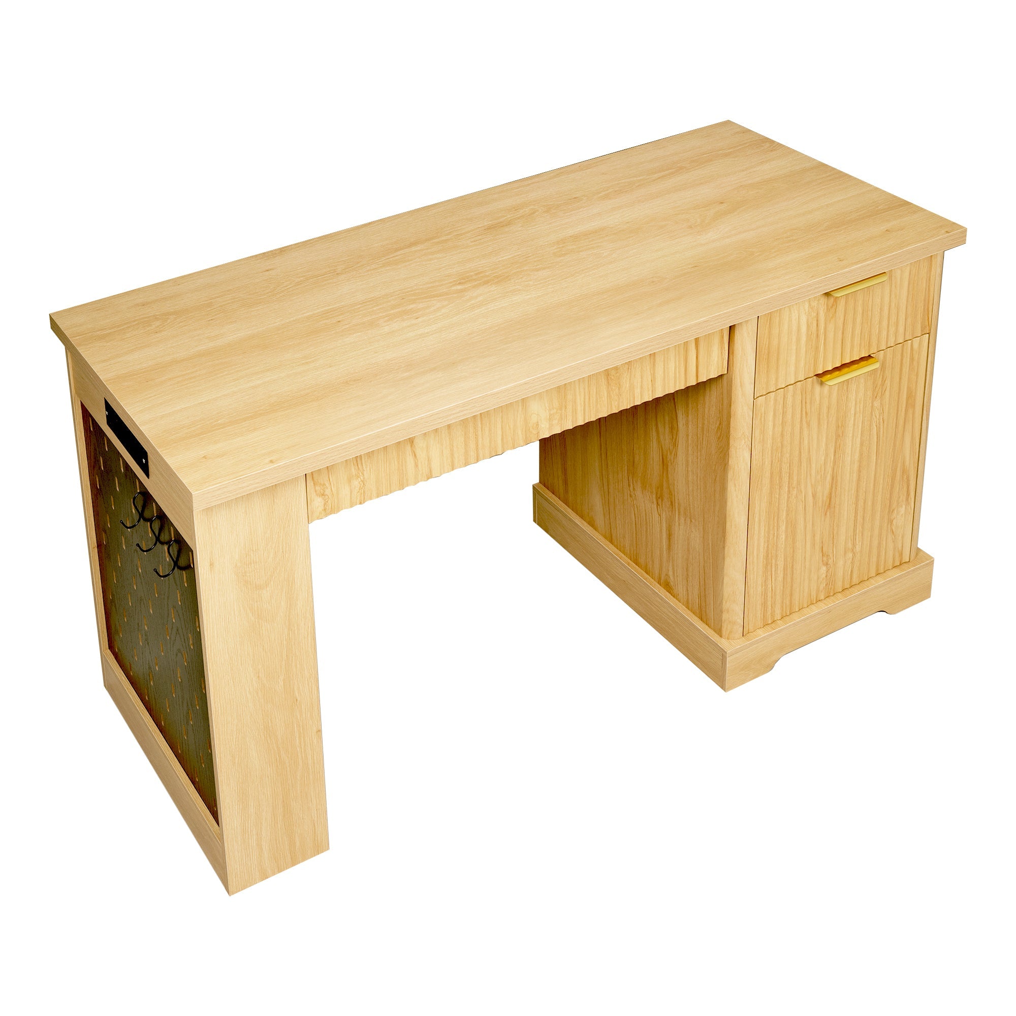 Fluted Office Desk with Pegboard, Charging Station, Keyboard Tray & Storage — 55-Inch